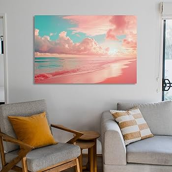 Amazon.co.jp: 絵画 ピンクの空とピンクのビーチインテリア 絵画