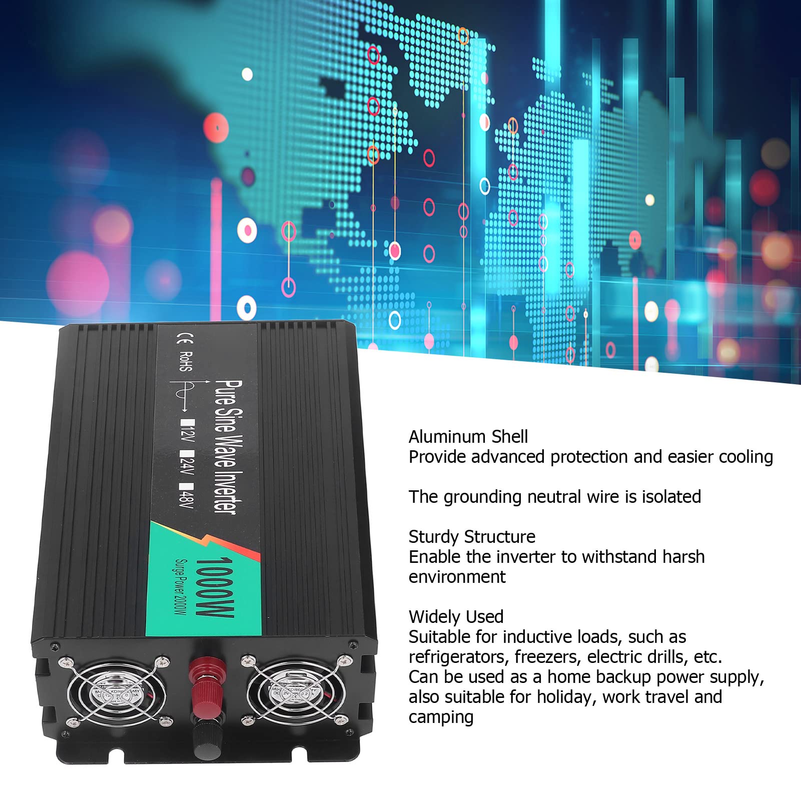 1000w Pure Sine Wave Power Inverter Inteligentne chłodzenie LCD Wyświetlacze LED UPS Wydajność do domu, wakacji i kempingu (12v a 220V - 240 V.)
