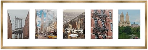 Marcos de fotos modernos para decoración de pared, 7.5 x 23.5 pulgadas, marco de collage de fotos con acabado de bronce dorado con paspartú blanco