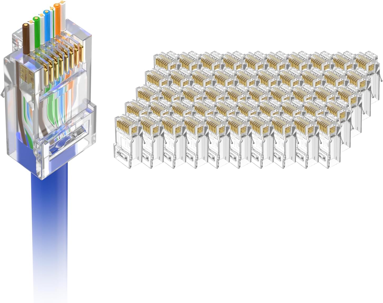 VCE 50-Pack UL Listed Cat6 RJ45 Pass Through Connectors, 10Gbps Unshielded Ethernet Modular Plugs, Gold Plated 8P8C Cat 6 Ends for 23-26AWG Solid or Stranded UTP Network Cable Support PoE