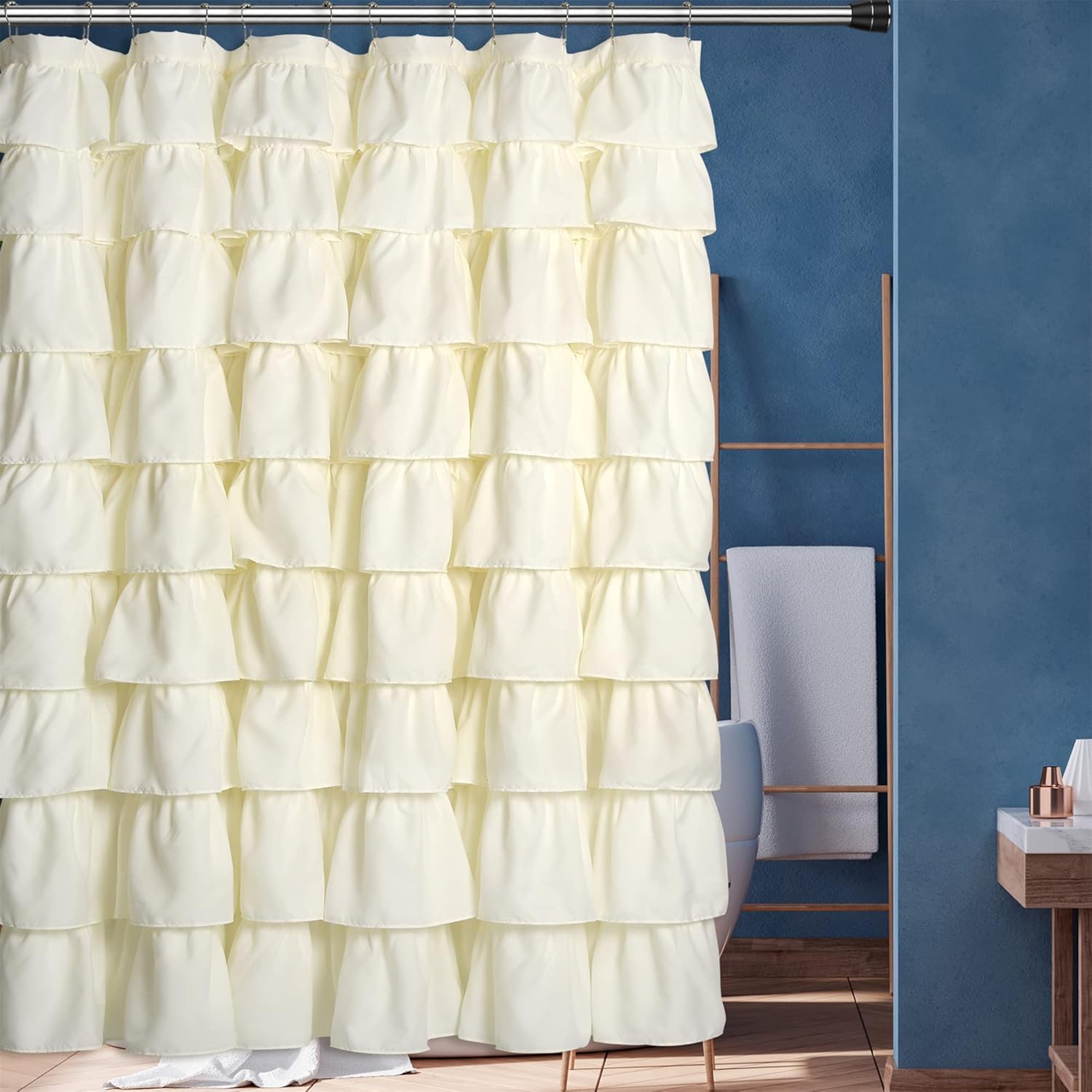 Ivory Ruffle Shower Curtain Graceful Farmhouse Style Cloth Fabric Bath Curtain with Buttonholes Vintage Bathroom Decor 72" x 72"