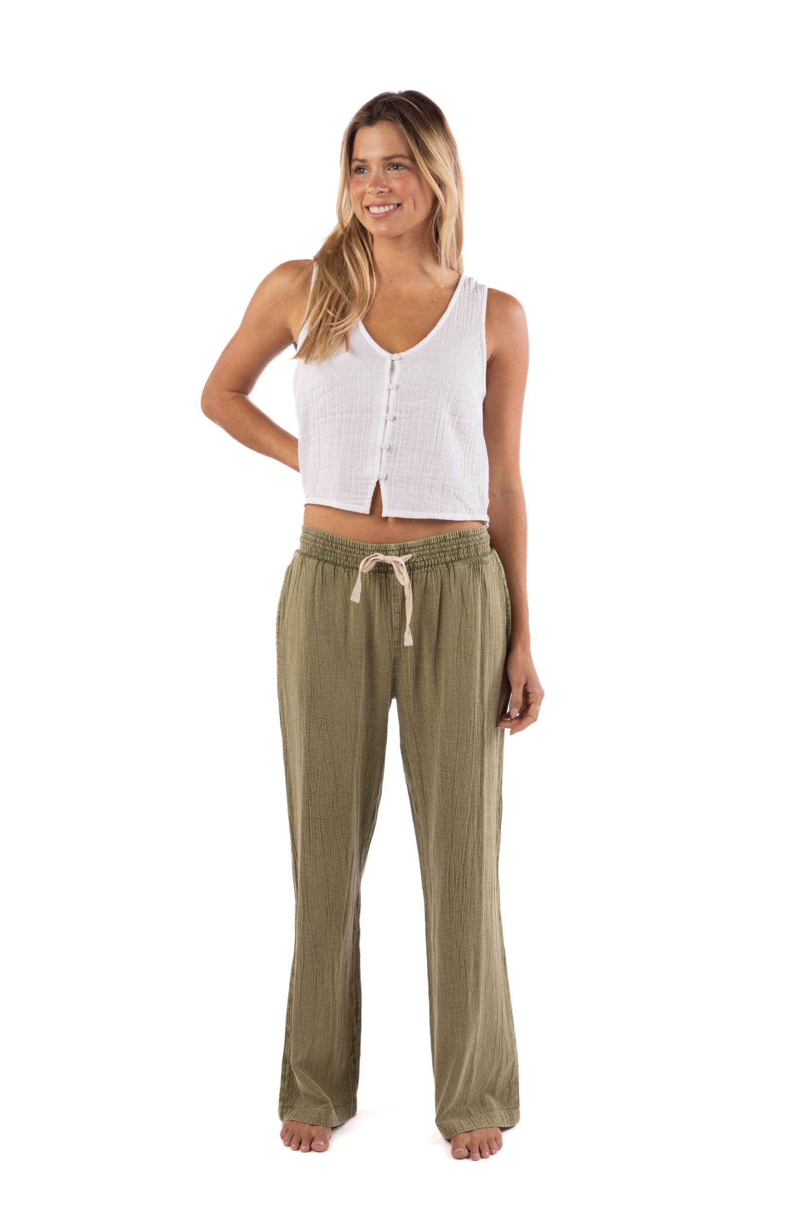 Rip Curl Women's Cotton Crepe Poplin Beach Pants – Smocked Waist, Front & Back Pockets & Longer Length for a Relaxed Fit