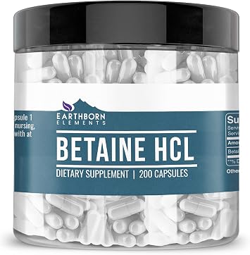 عناصر Earthborn Betaine HCL ، 200 كبسولة ، مختبرة في المختبر ، بدون حشو أو إضافات