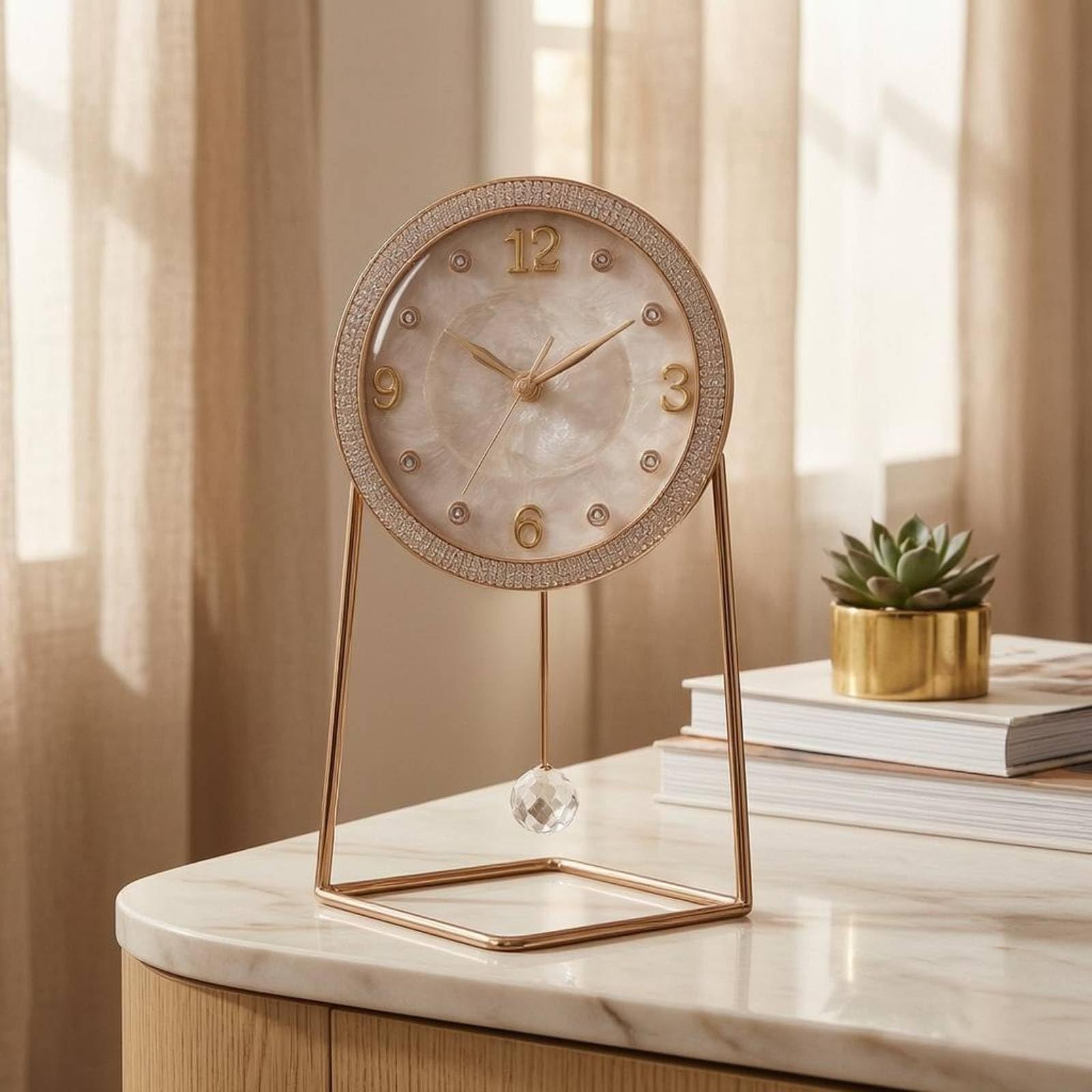 Baoblaze Reloj de Escritorio Reloj de Mesa Reloj Decorativo Reloj Analógico con de Cristal Construcción Metálica y Borde Resplandeciente Movimiento Silencioso, Reloj De Mesa Redondo