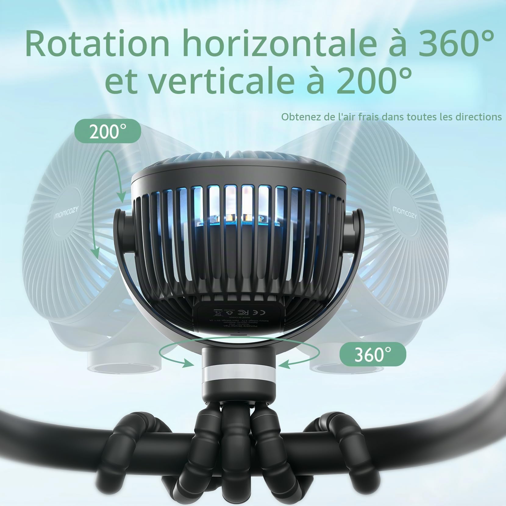 momcozy 8000mAh Ventilateur de Poussette Portable, Batterie de 27 Heures, Rotation Détachable à 4 Vitesses à 360 °, Veilleuse,Ventilateur de Rechargeable par USB,Voyage, Siège, Chambre (noir clair)