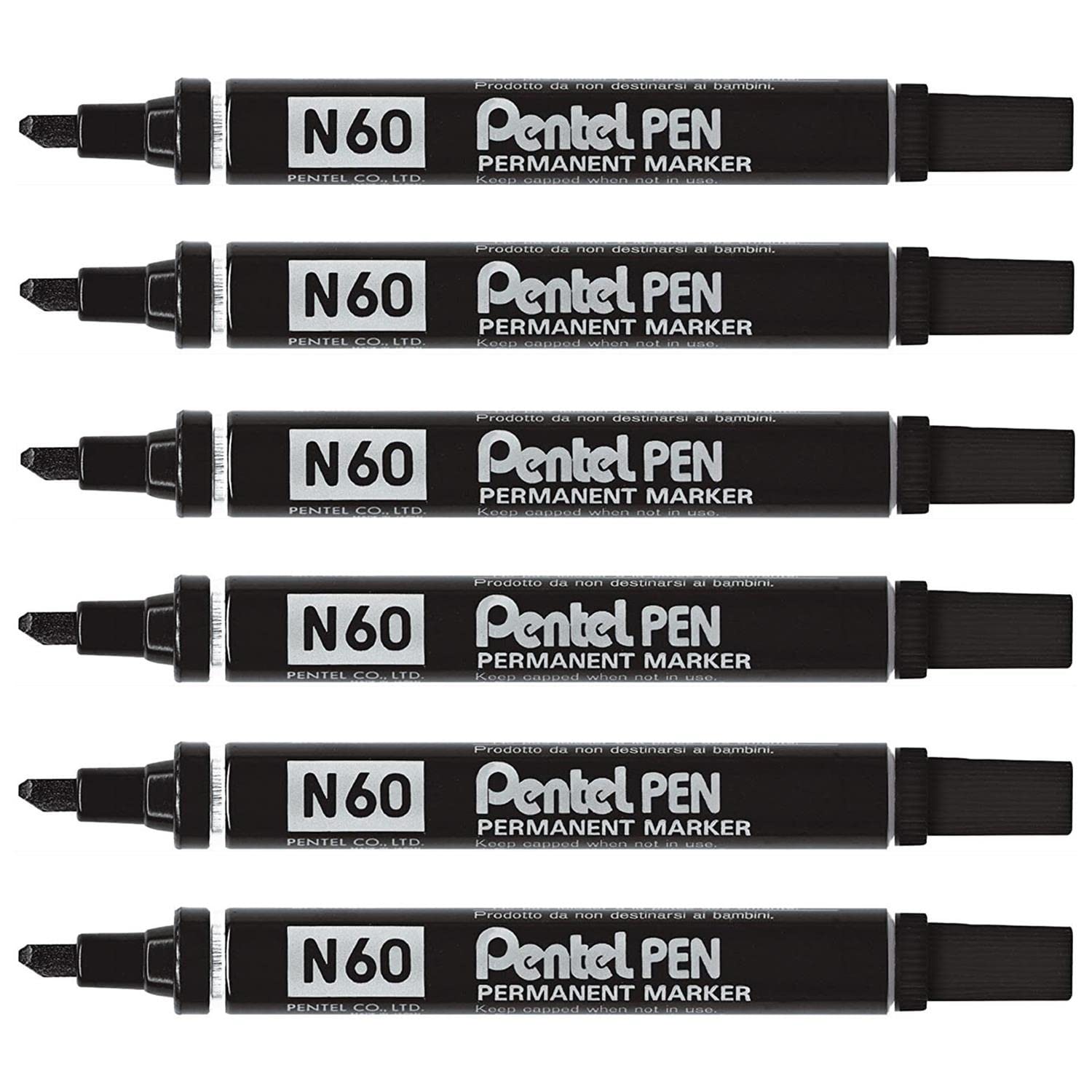 PENTEL N60 Permanent Marker Pens Aluminium Barrel Chisel Tip Pack of 6 Black