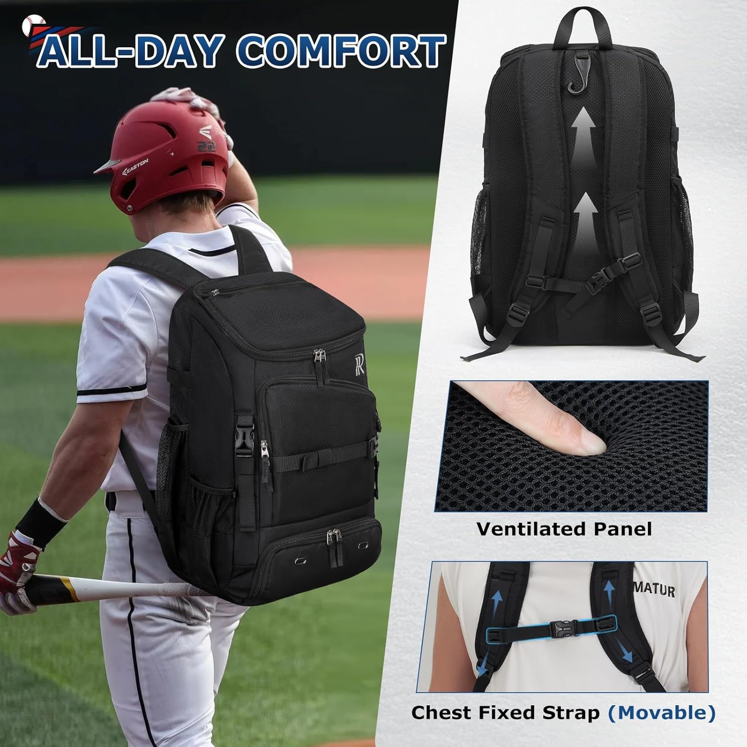 RAINSMORE Baseball Bag for Youth & Adult 40L Large Softball Bag Lightweight Baseball Backapck with Helmet Holder, Shoe Compartment, Fence Hook Waterproof Bat Bag for Baseball Softball Tball Equipment