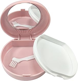 Denture Bath Case Cup for Travel Cleaning, with Mirror Double-Deck Dental Braces Kit False Teeth Storage Box for Cleaning of Dentures, Retainer, Clear Braces (Pink)