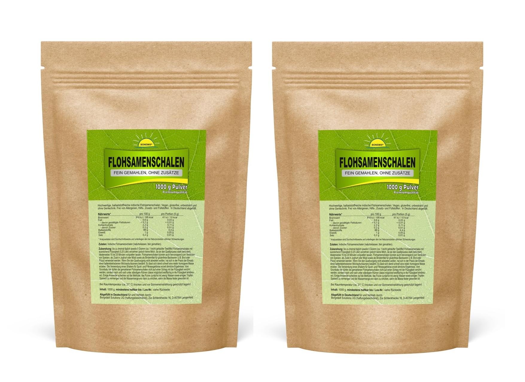 Flohsamenschalen fein gemahlen, naturrein, 2 x 1 kg, ohne Zusatzstoffe