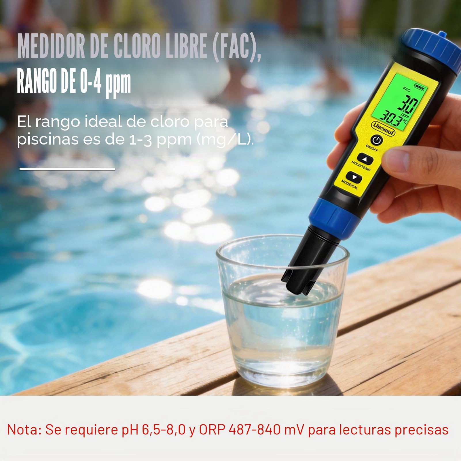 Medidor Cloro y pH Piscinas 7 EN 1, Tester pH Cloro(FAC) TDS EC SALT ORP y Temperatura con ATC, Analizador Agua 0,01 pH Alta Precisión para agua potable, acuarios, hidroponía, piscina y spa