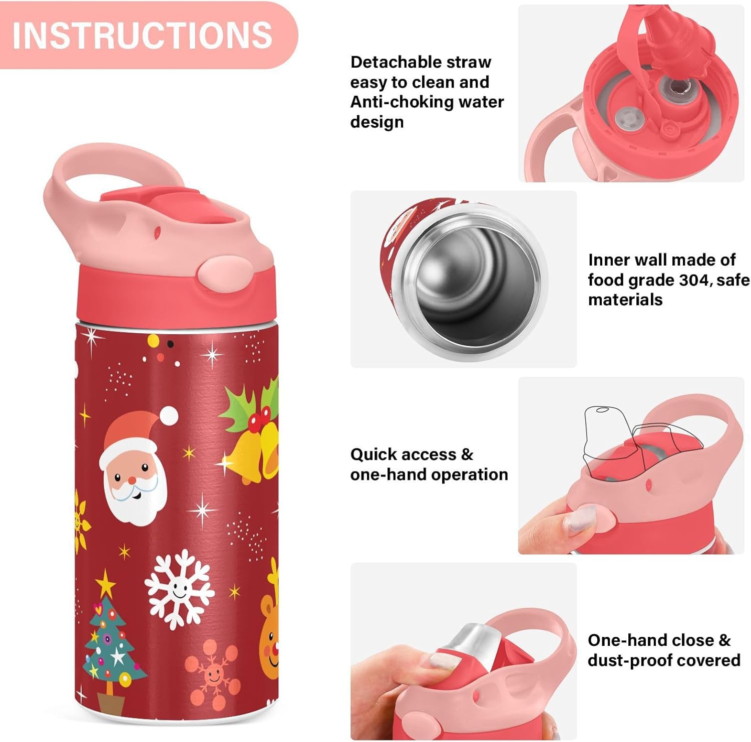ALAZA Christmas Reindeer Santa Kids Water Bottles with Lids Straw Insulated Stainless Steel Water Bottles Double Walled Leakproof Tumbler Travel Cup for Girls Boys Toddlers 12 oz,Pink - Image 5