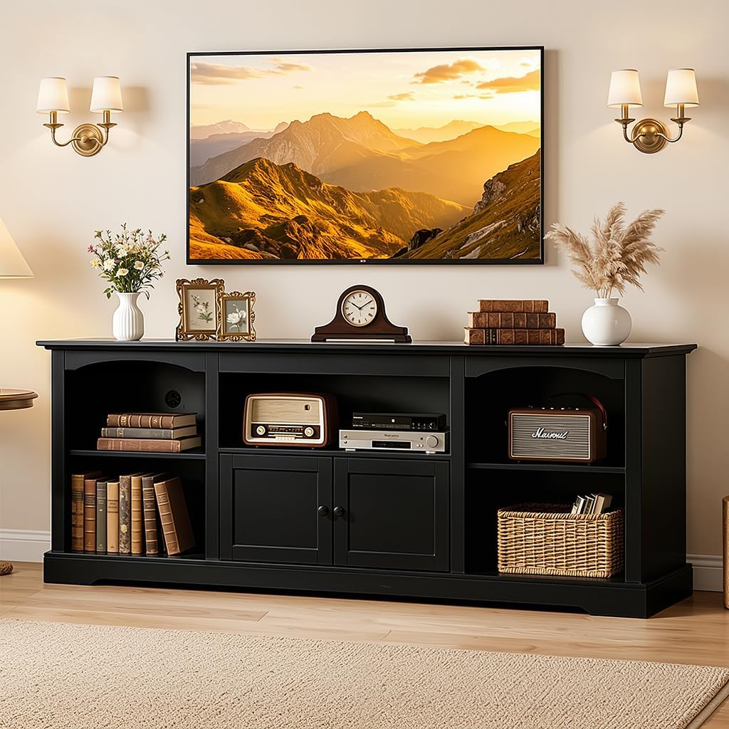 LUCKLIFE 71" TV Stand for TVs up to 80 Inch,Modern Farmhouse Entertainment Center with Arched Cabinet Doors & Open Adjustable Storage Shelves,Media Console Table for Living Room (Black, 71 inch)