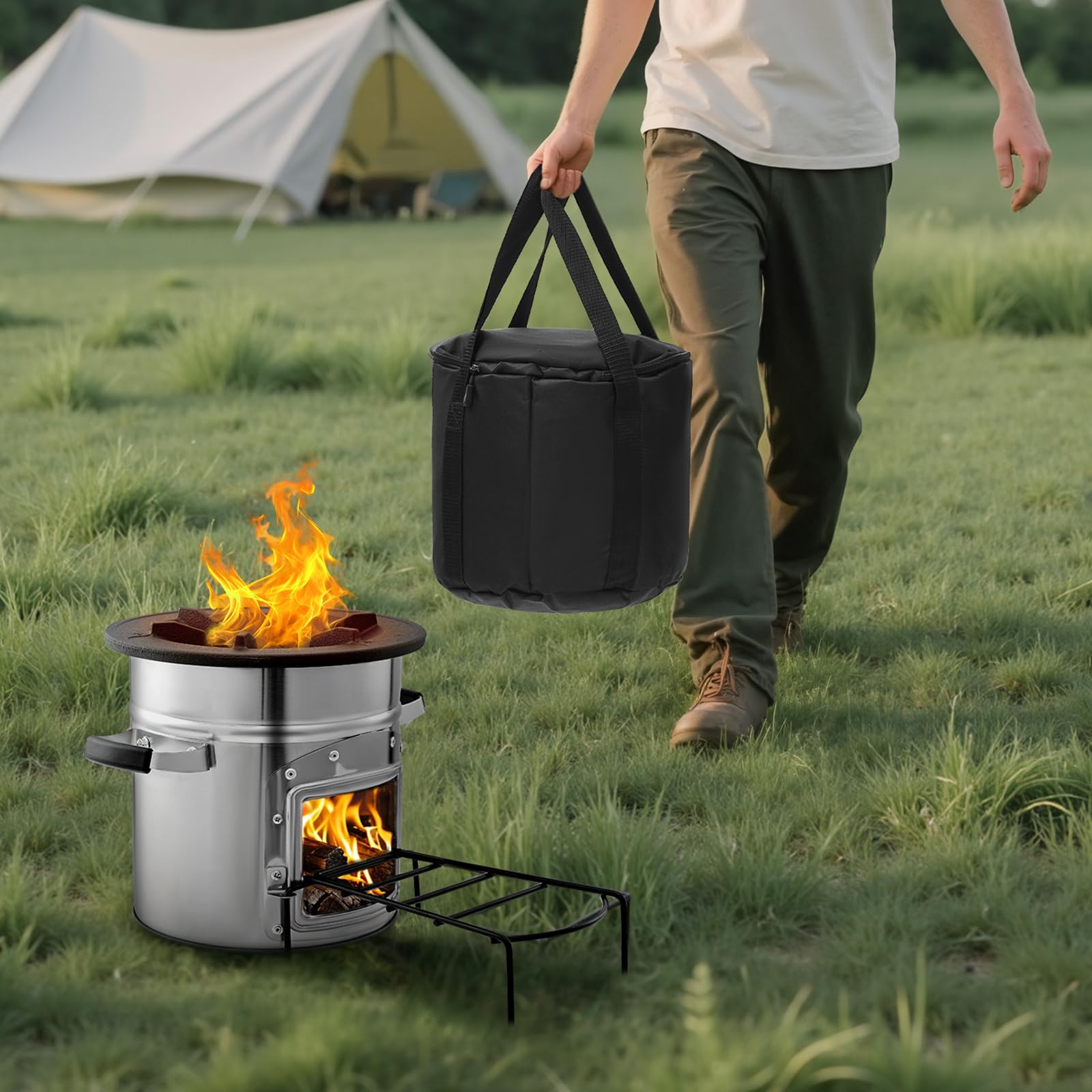 VEVOR Réchaud Camping Rocket, Poêle à Bois Portable en Acier Inoxydable, avec Sac de Transport, Porte Simple, Réchaud à Fusée pour Cuisine et Chauffe en Plein Air, Randonnée, dans Jardin, en Camping
