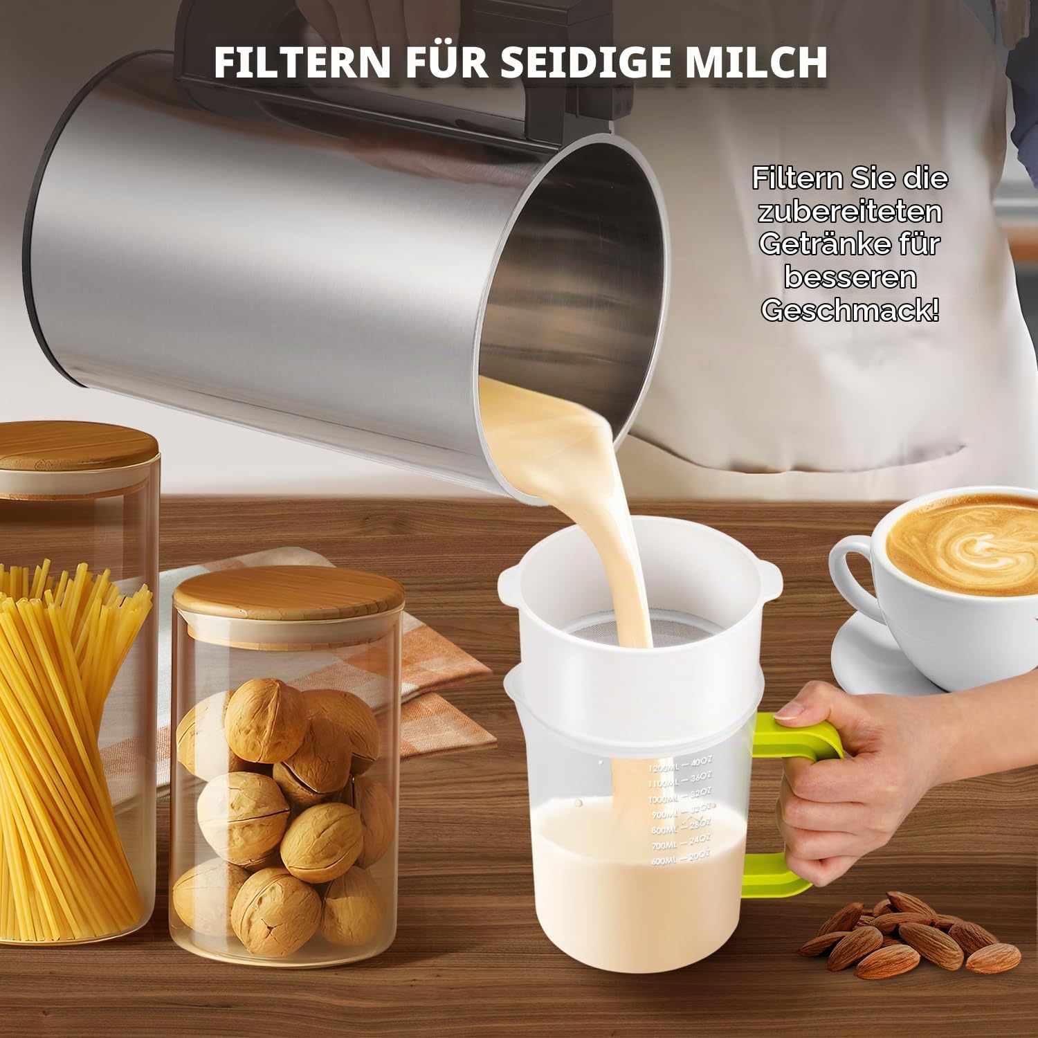 Moongiantgo Nussmilchmaschine 1l, 7-In-1 Sojamilchmaschine mit Rezept, Geeignet für Sojamilch, Mandelmilch, Vegane Milch, Hafermilch, Pflanzliche Milch, Porridge, Paste, Saft, Selbstreinigung, 220v