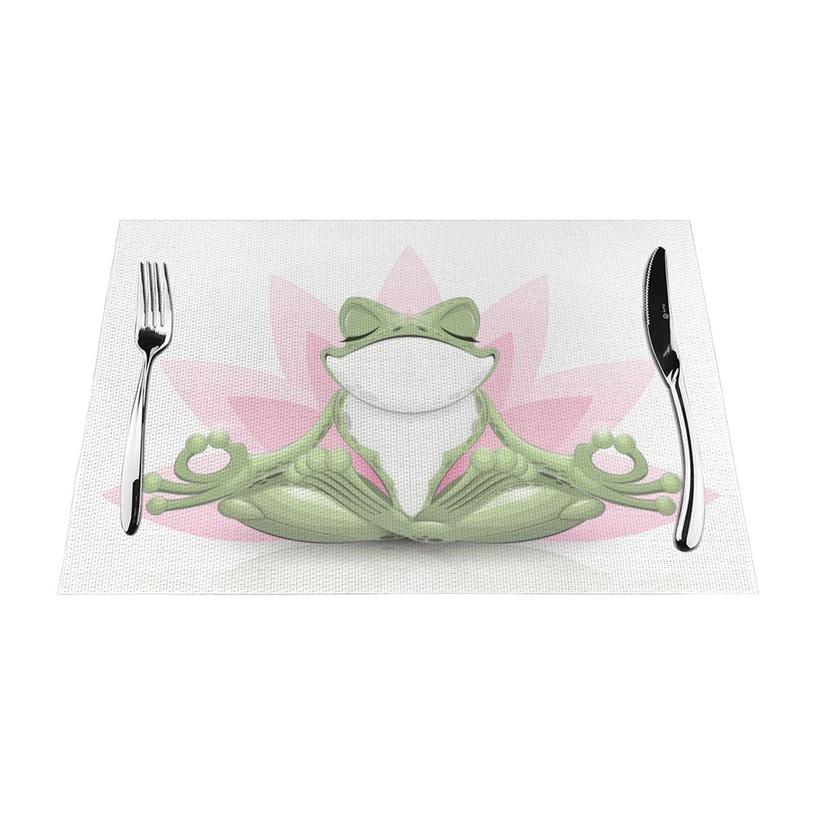 PVC Placemat Set of 4 PCS, 45x30 CM, Cute Funny Frog Doing Yoga Printed Non-Slip Heat Resistant Place Mats for Kitchen Dining Table Indoor Outdoor