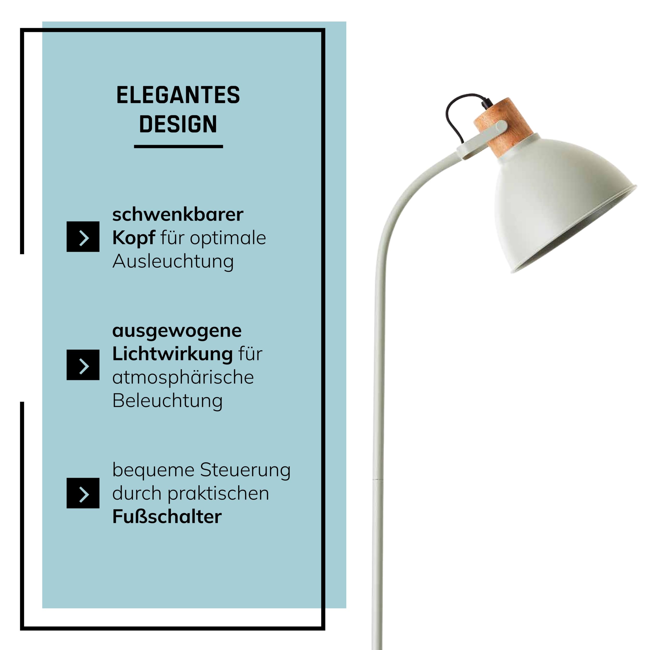 Lightbox Lámpara de pie verde claro | 150 x 25 x 35 cm | Lámpara de lectura escandinava con cabezal giratorio e interruptor | Casquillo E27 | De metal/madera (de árbol de caucho) en verde