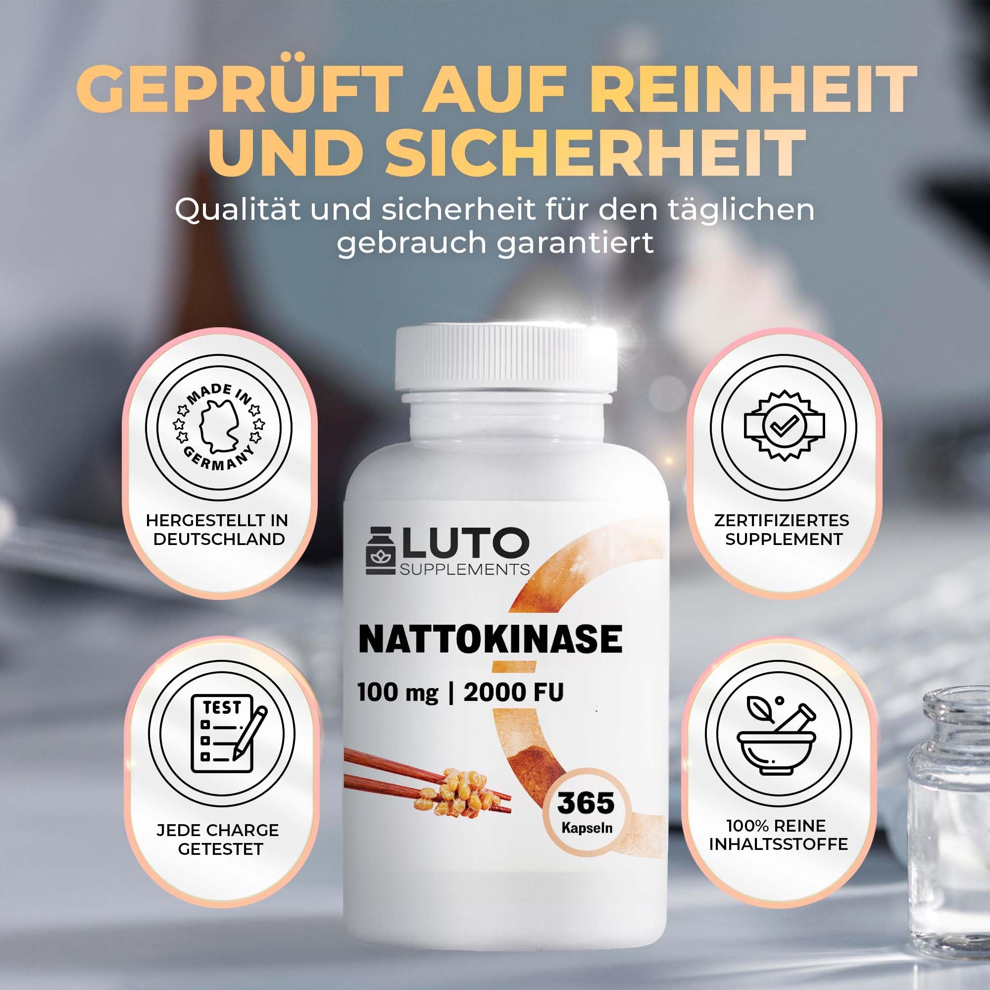 Nattokinase - 365 Kapseln - 100 mg (20.000 FU/g) - 12 Monate Vorrat - Laborgeprüft - hochdosiert - vegan - aus GVO-freiem Soja - ohne unerwünschte Zusätze - LUTO Supplements