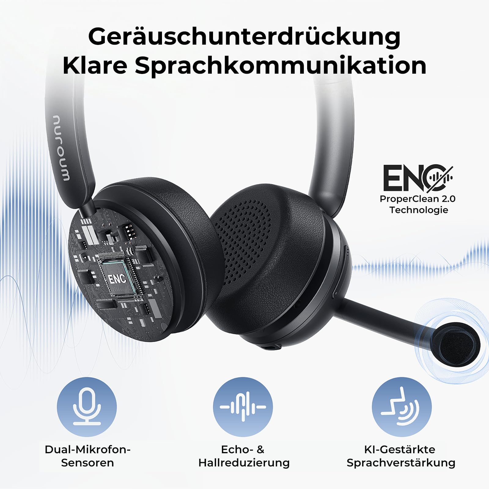 Nuroum HP31D 2026 Bluetooth Headset mit Mikrofon Wireless, KI Rauschunterdrückung für Anrufe,45 Std. Akku, Kabelloses Headset mit Ladestation&USB Dongle&Mute,Bluetooth Headset für PC/Laptop/Büro/Teams
