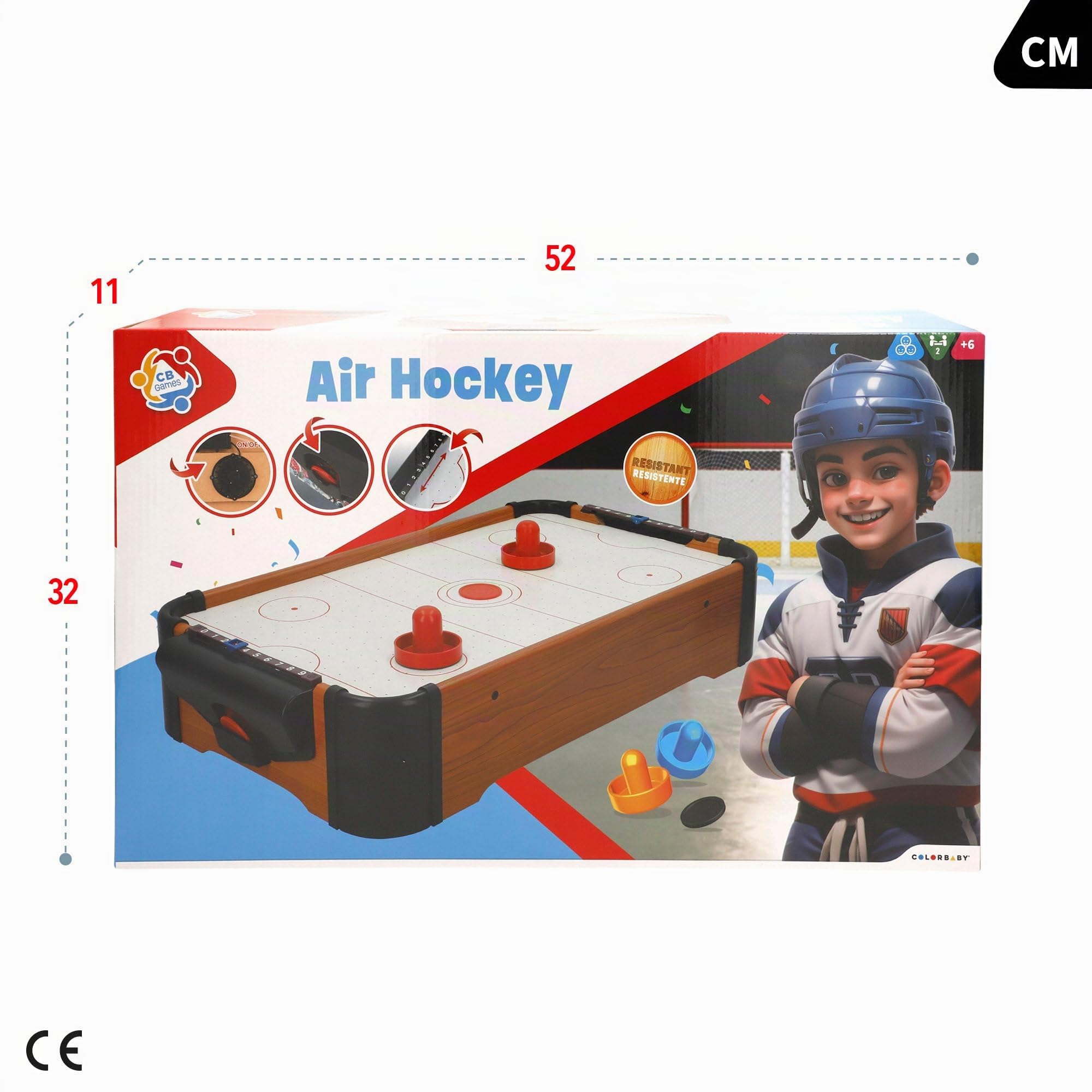 ColorBaby 46614 Jeu de Table de Hockey en Bois 56 x 31 x 10 cm, CB Games, 2 poussoirs Base en Feutre, 2 disques et 2 marqueurs, pour Enfants à partir de 6 Ans, Cadeaux et Jouets pour Enfants