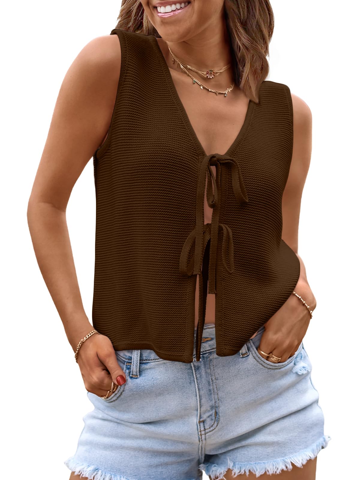 LILLUSORY Womens Summer Tops Beach Vacation Spring Outfits Cute Y2K Trendy Sweater Vest 2026 Tank Tie Front Crochet