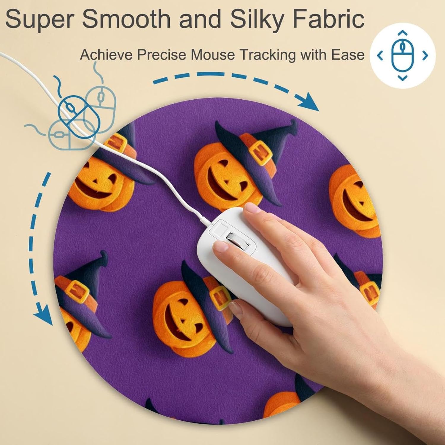 Round Mouse Pad for Women Men, 10’’ Round Desk Pad Mousepad Non-Slip Rubber Base, Office Home Laptop Accessories, Halloween Pumpkin Wearing Hat Purple Background image 4