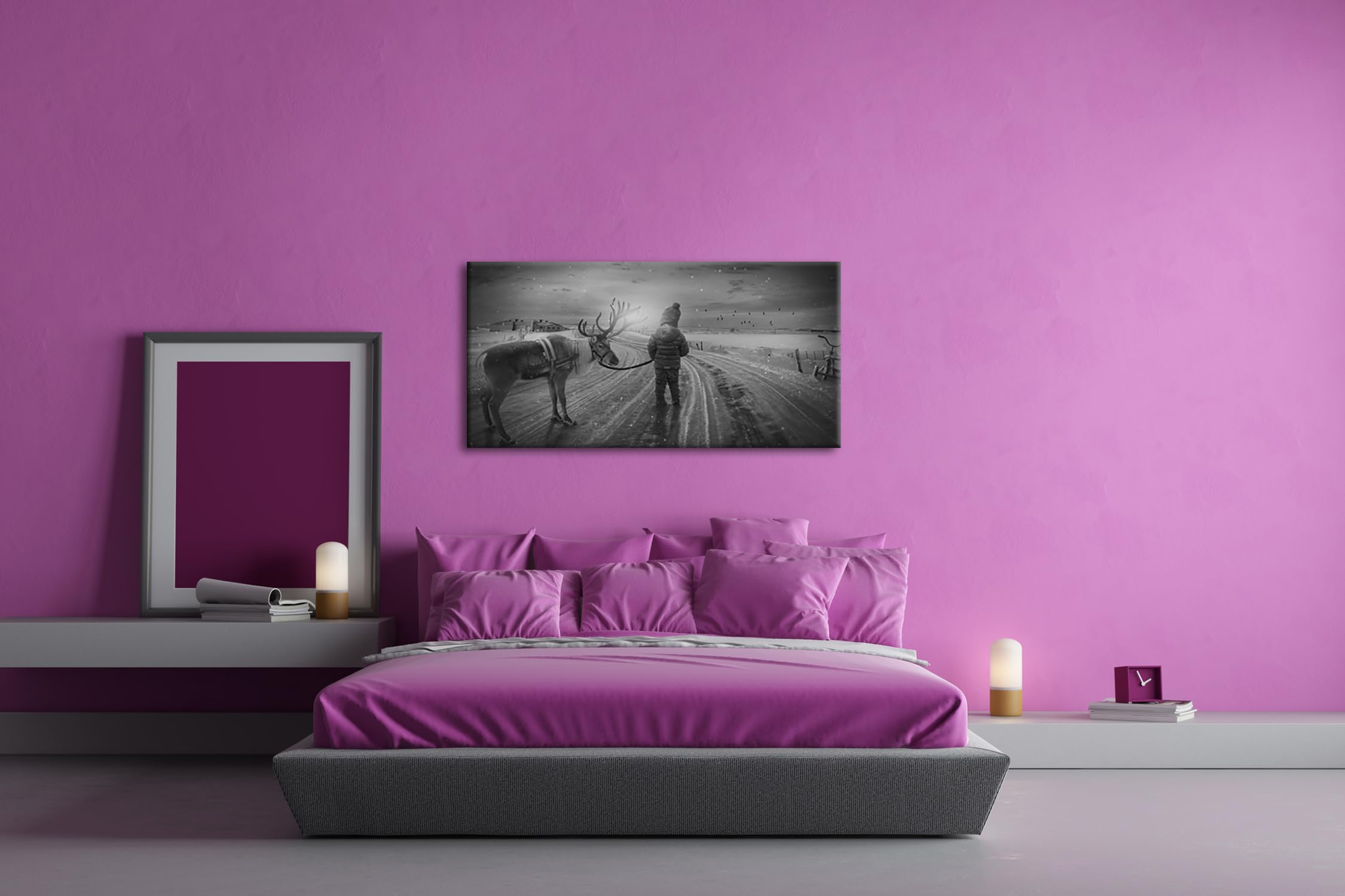 Viaje de invierno con un reno panorámico, 100 x 50 cm, efecto: negro/blanco como lienzo, diseño enmarcado sobre marco de madera auténtica, impresión digital de alta calidad con marco