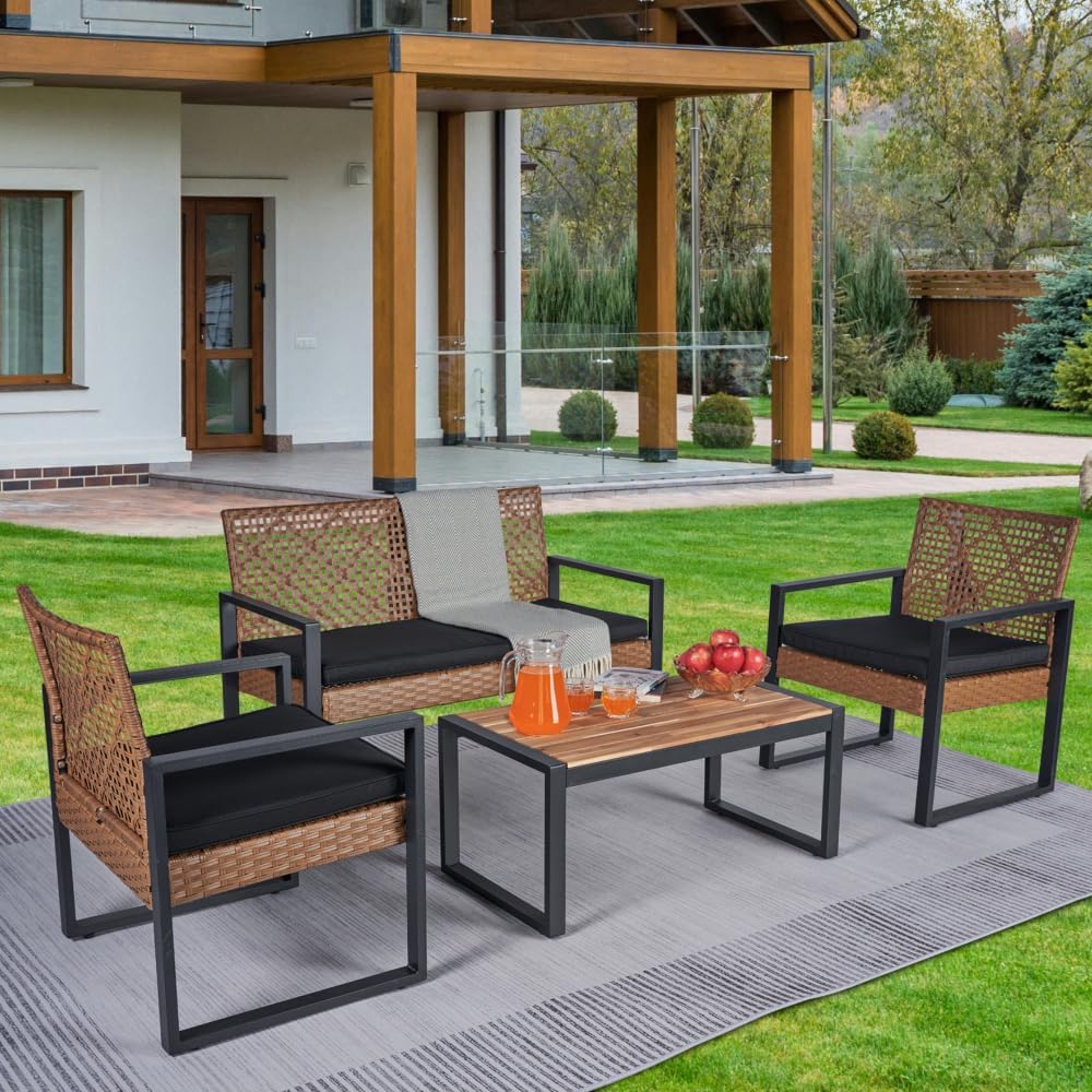 Outdoor Patio Dining Set with Acacia Wood Table Top and Woven Rattan Chairs for Balcony, Porch, Garden or Backyard Use (Light Brown + Wicker + American Design + American Traditional + Vintage)