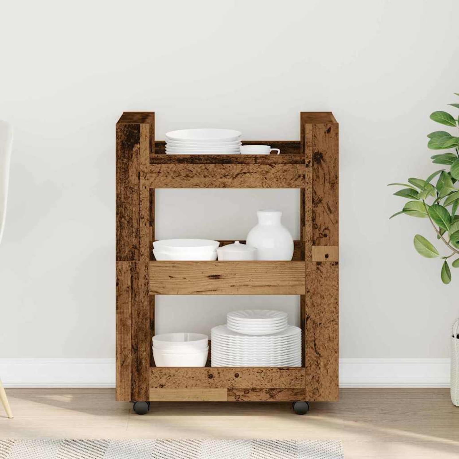 Geecher Carrello da Cucina, Mobile con Ruote, 60 x 45 x 80 cm, in Legno Multistrato Finitura Quercia, per Preparazione e Servizio in Cucina