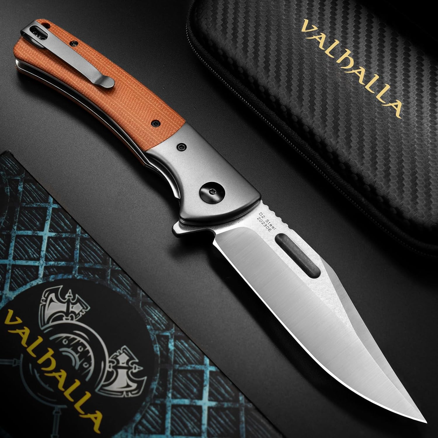 VALHALLA PTEROSAUR EDC Pocket Folding Knife, 3.9" D2 Steel Blade with Micarta Handle, Tactical Folding Knife for men, Cool Pocket Knife for Camping,Hunting, Bushcarft (BROWM)
