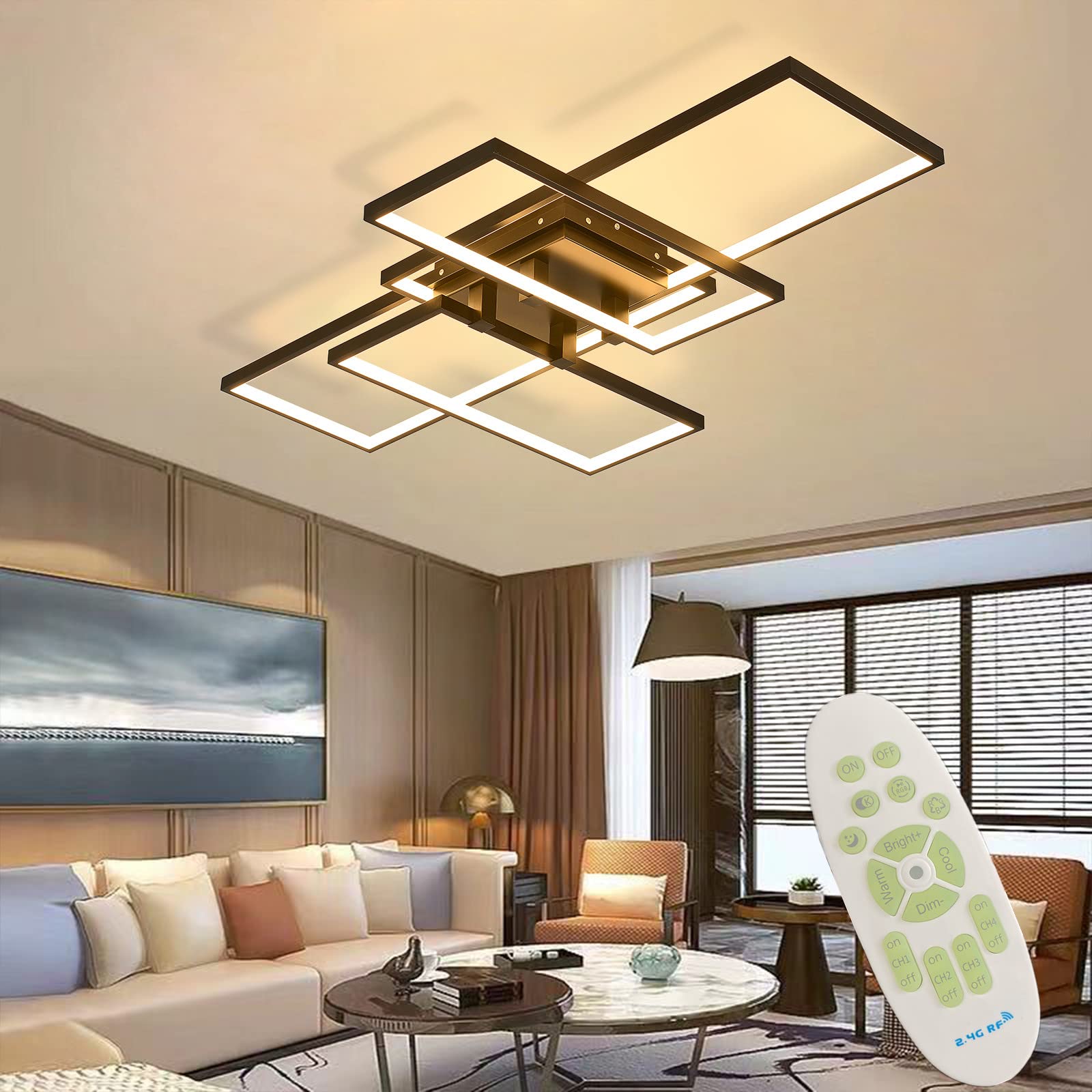 Moderne LED Deckenleuchte Dimmbar 82W, Wohnzimmerlampe Rechteck Deckenlampe Leuchten Schlafzimmer mit Fernbedienung Lichtfarbe Helligkeit Farbwechsel, Deckenbeleuchtung Lampe Dimming Innenbeleuchtung