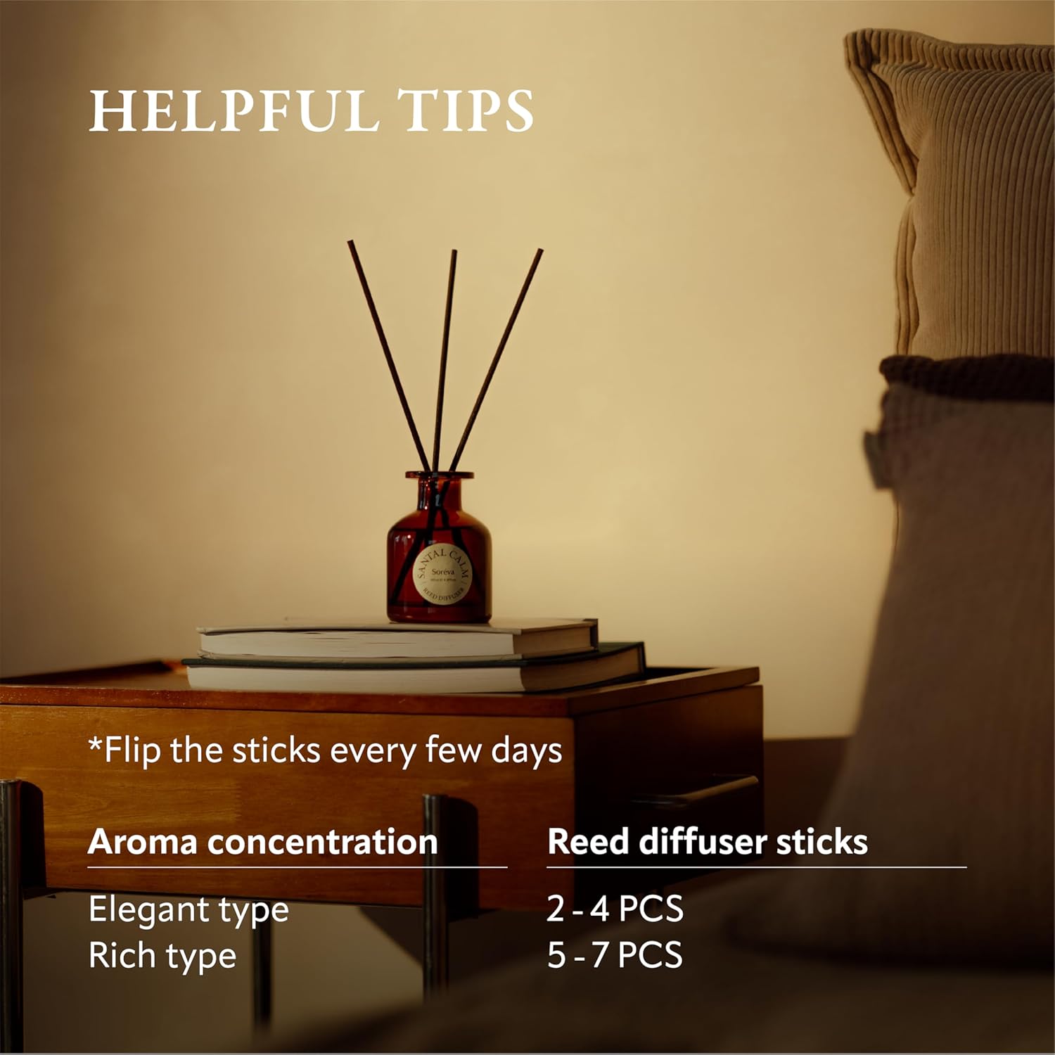 Soréva Luxury Reed Diffuser Set, Calm Sandalwood & Warm Cedar & Musk, Alcohol-Free Botanical Oils, Long Lasting Aromatherapy Home Fragrance for Bedroom & Office, Gift Set, 7 Sticks, 4.39 fl oz