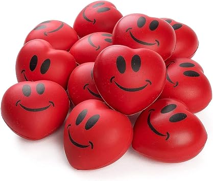 Neliblu Set of 12 Heart Stress Balls - 3-Inch Valentines Stress Balls - Red Squishy Heart Foam Balls - Smiley Face Heart Shaped Stress Balls for Adults - Fun Party Favors and Gifts for Kids