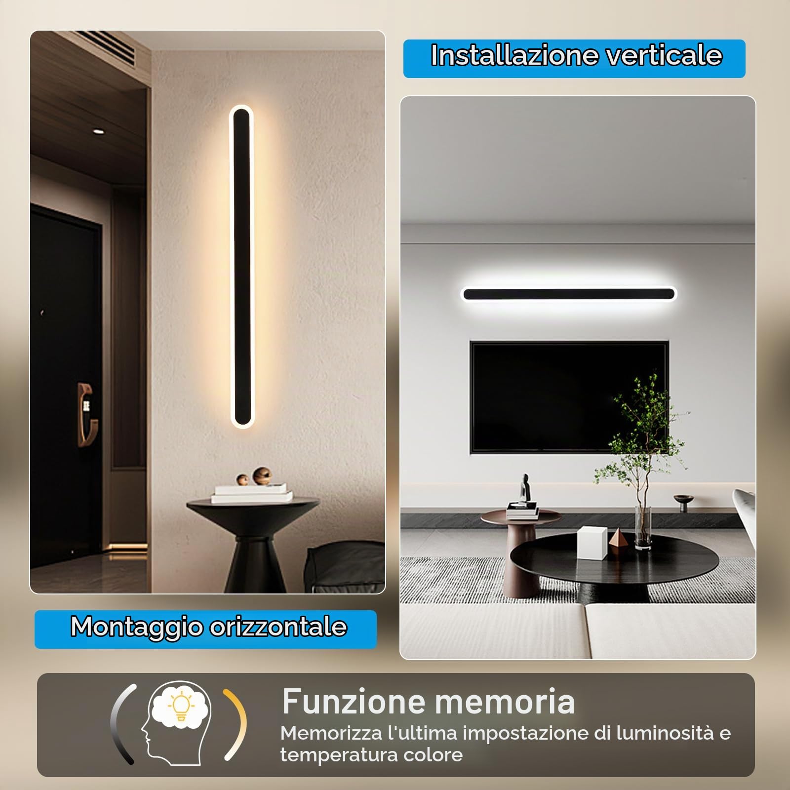 Applique da Parete Interno LED, 22W Lampada da Parete Dimmerabile con Telecomando e Funzione di Memoria, Moderno Lampada a Muro Camera da Letto Illuminazione per Soggiorno Corridoio Scale, Nero, 80CM