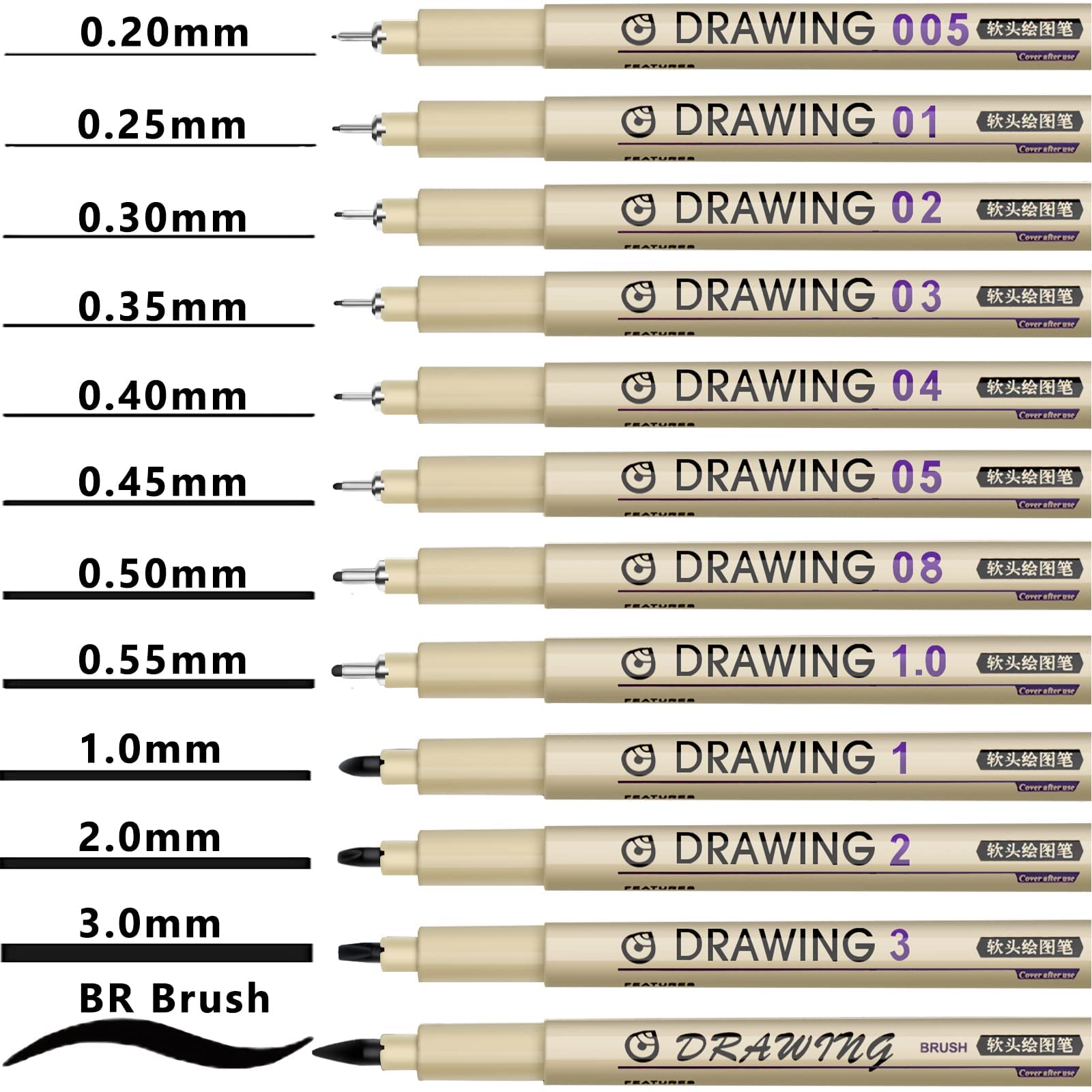 Muchcute Micro Fineliner - Juego de 12 bolígrafos de tinta negra de línea fina impermeable, suministros de artista, marcadores de tinta de archivo, delineador, bosquejo, contorno, anime, regalos,