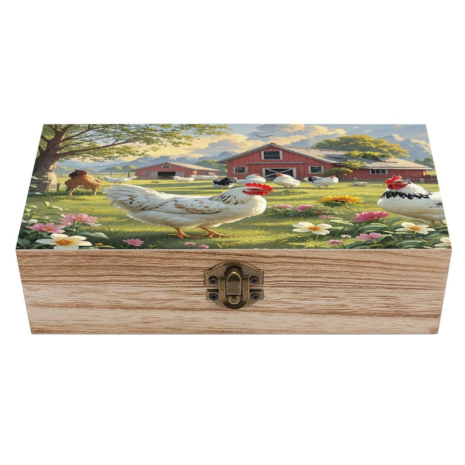 asbwuo Chickens And Farm Wood Keepsake Box Wooden Box with Hinged Lid