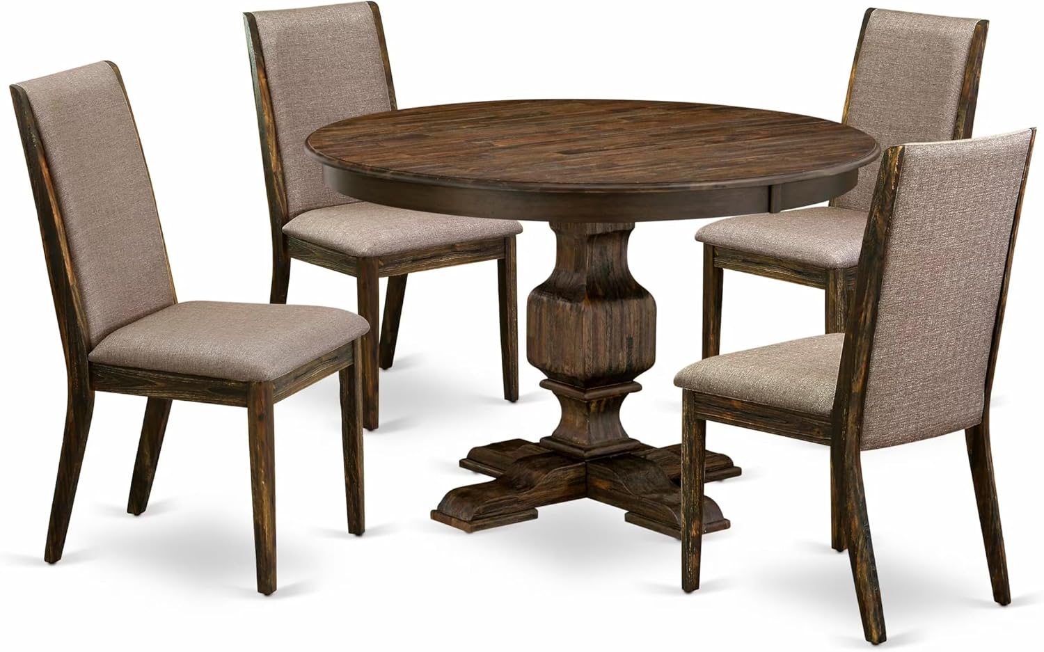 East West Furniture F3LA5-716 5 Piece Dining Room Table Set Includes a Round Kitchen Table with Pedestal and 4 Dark Khaki Linen Fabric Parson Dining Chairs, 48x48 Inch, Distressed Jacobean