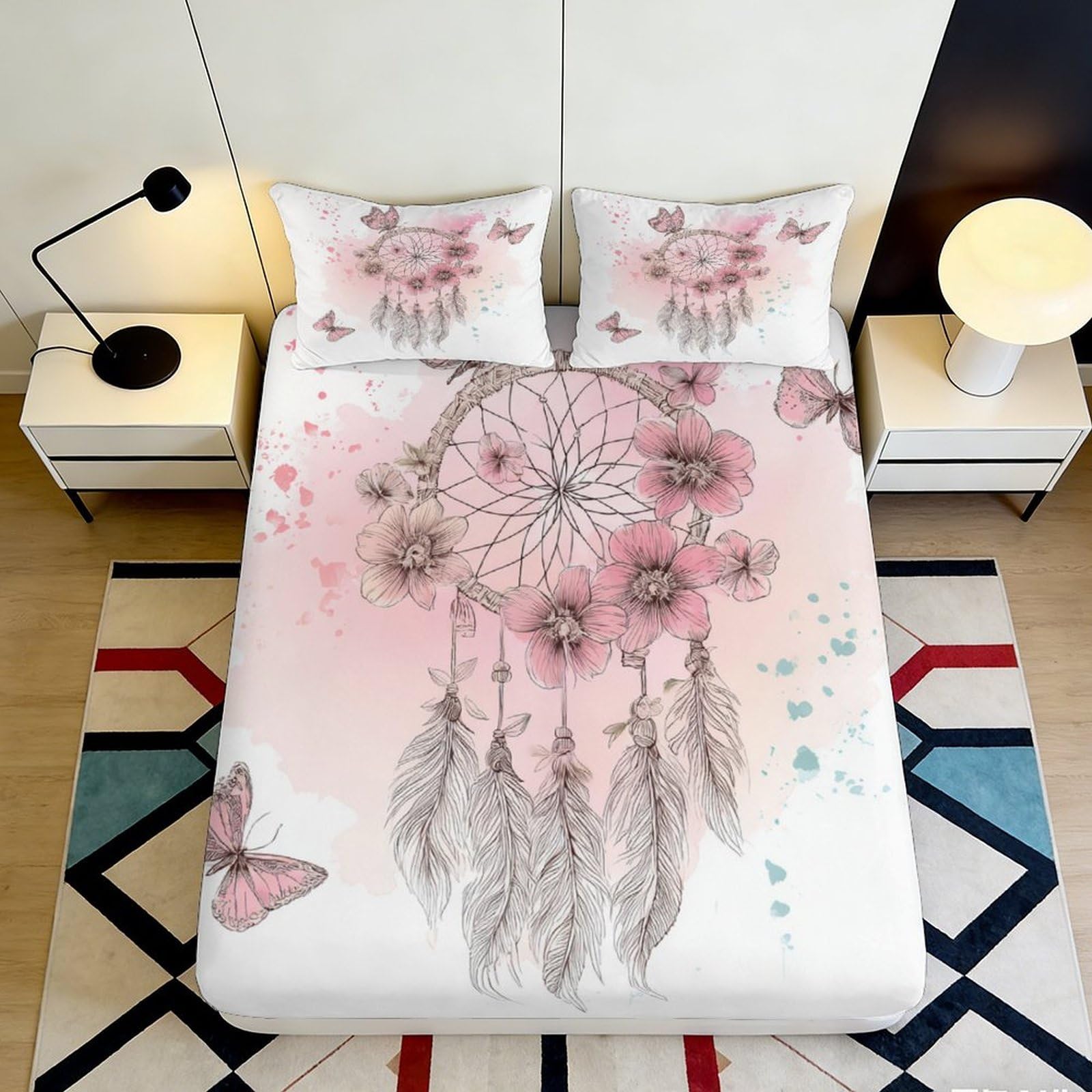 3D Printed Dreamcatcher Floral Fitted Sheet Microfiber Soft Pink Butterfly Bed Cover for Bedroom Guest Room Decor 140x200x25cm