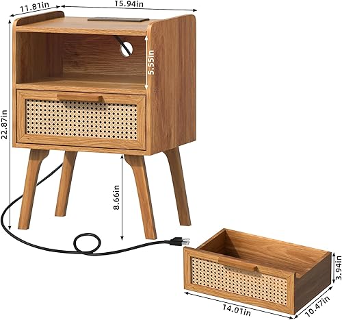 Miniatura 10 de Lerliuo Mesita de noche de ratán con estación de carga, mesa auxiliar bohemia con cajón abierto, mesa auxiliar de noche con acento de caña con patas