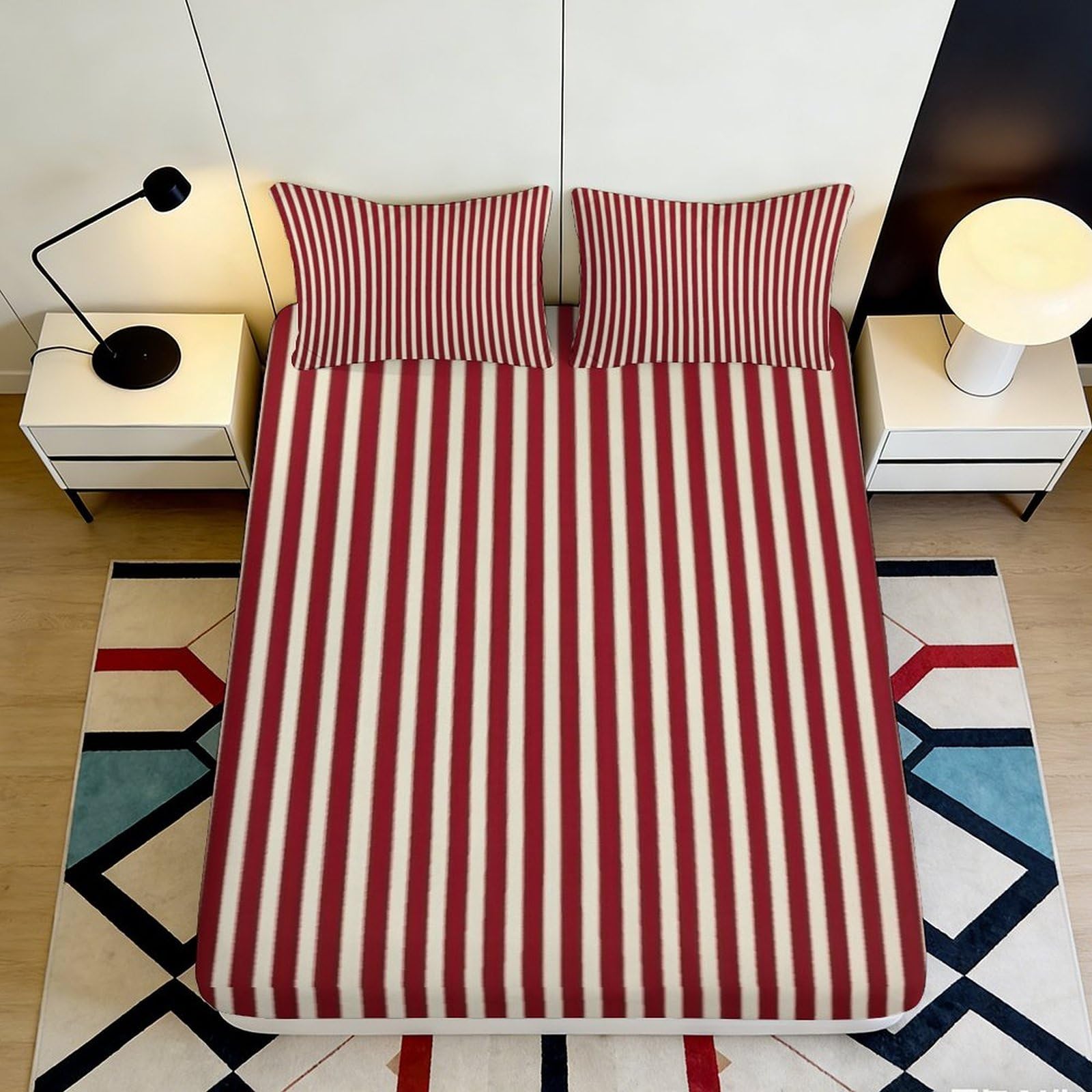 3D Printed Red White Stripe Fitted Sheet Microfiber Soft Breathable Abstract Bed Sheet for Bedroom Dorm Décor 90x200x25cm