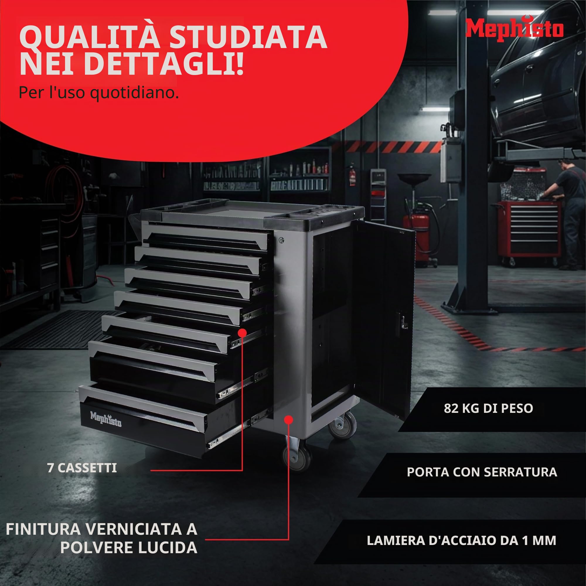 Mephisto XXL Carrello degli attrezzi 7 cassetti inserti morbidi carbonio set chiavi a brugola