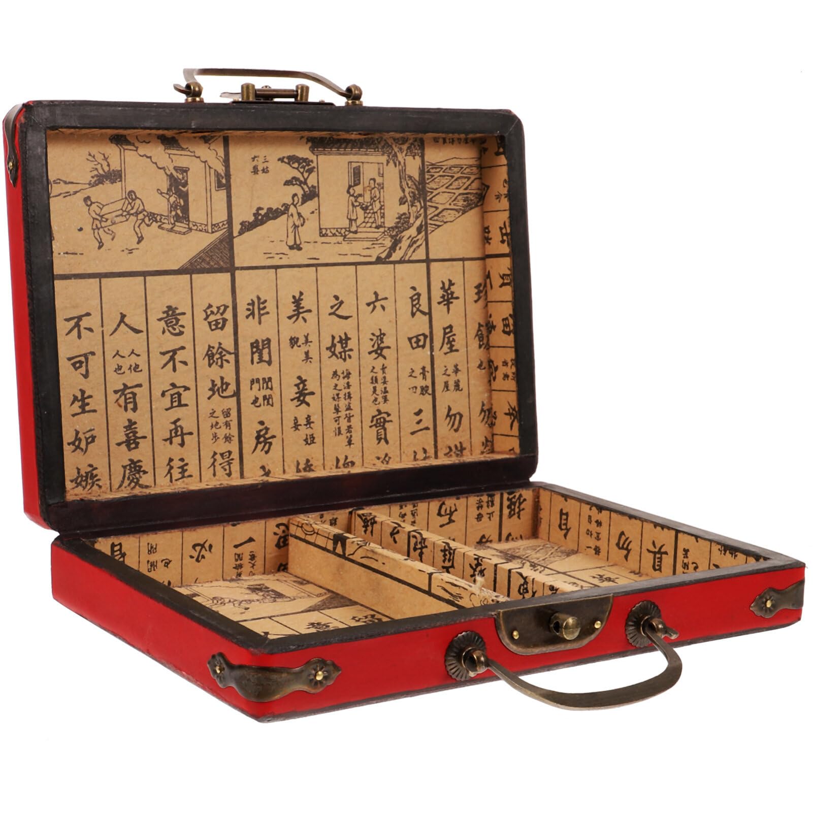 DIYEAH Mahjong Box Wooden Rectangle Storage Case with Red Dragon Phoenix Pattern Handheld Vintage Style Large Capacity Box for Mahjong Tiles