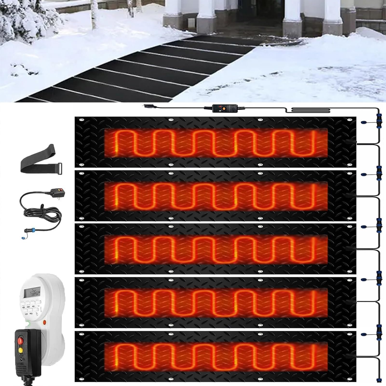 iumLeap Snow and Ice Melting Mats with Timer, 1/2/3/4/5 Pcs Heated Outdoor Mats Electric Snow Melting Mats for Winter Snow Removal Non Slip Rubber Heated Mat with Power Cor(5 Pcs-12x24in/(30x60cm))