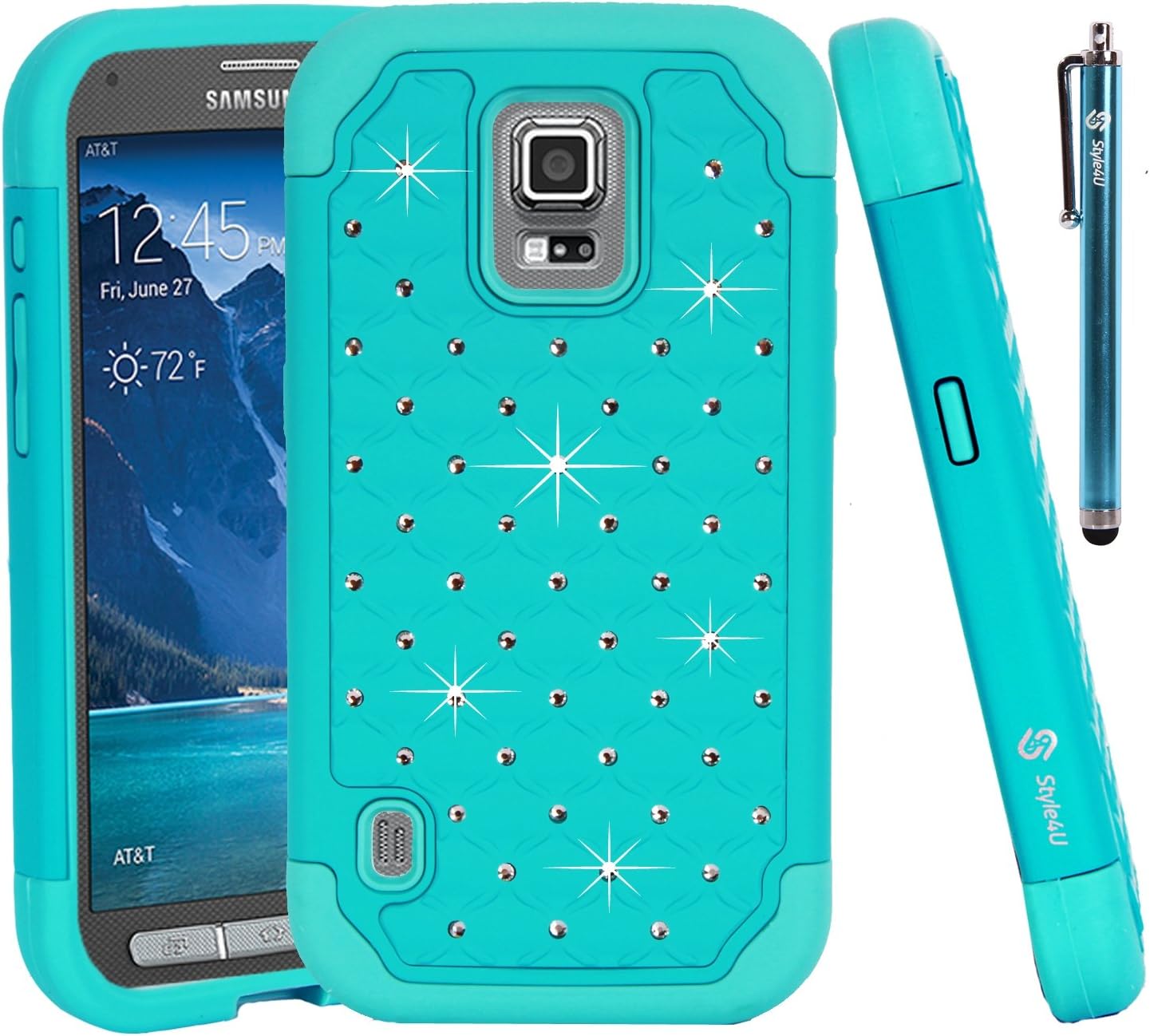 Studded Rhinestone Hybrid Armor Case Cover For Samsung Galaxy S5 Active G870 With 1 HD Screen Protector And 1 Stylus (Not For Samsung Galaxy S5) Teal / Mint Green