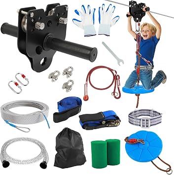 FAHKNS 60/100/160/200FT Zipline for Backyard Kids and Adults Up to 400 lbs Updated Removable Design Trolley,Thickened Seat,Safety Harness,Quick Tighten Zipline Kits for Outdoor 80FT