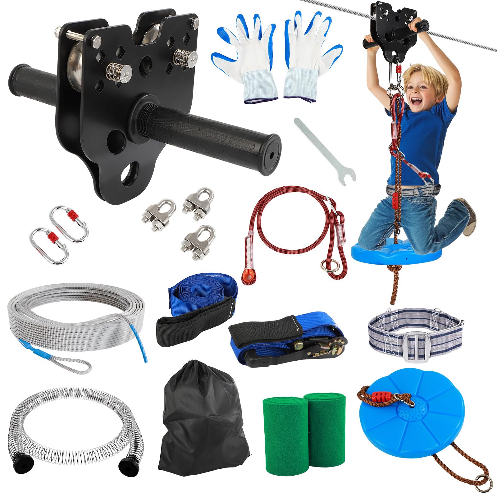 FAHKNS Zipline Kit for Kids & Adults 100ft up to 400lbs - Updated Removable Cart, Thick Seat, Safety Harness, Quick Release Zip Line Kits for Outdoor Garden