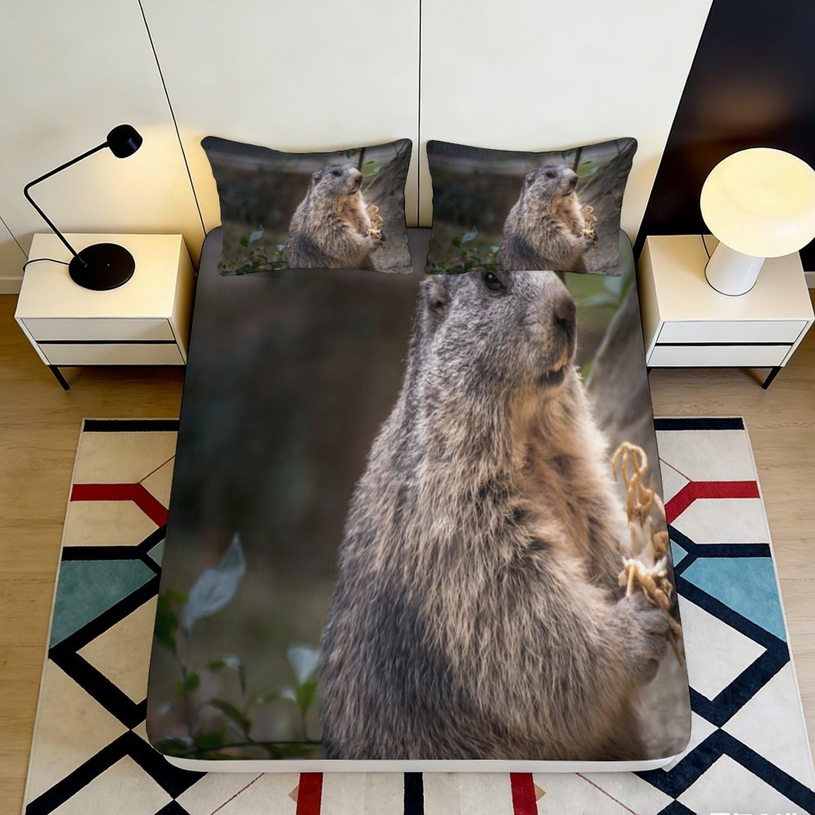 3D Printed Marmot Fitted Sheet Microfiber Soft Durable Wild Animal Bed Cover for Bedroom Dormitory Guest Room Mattress Protection Decor 120x200x25cm