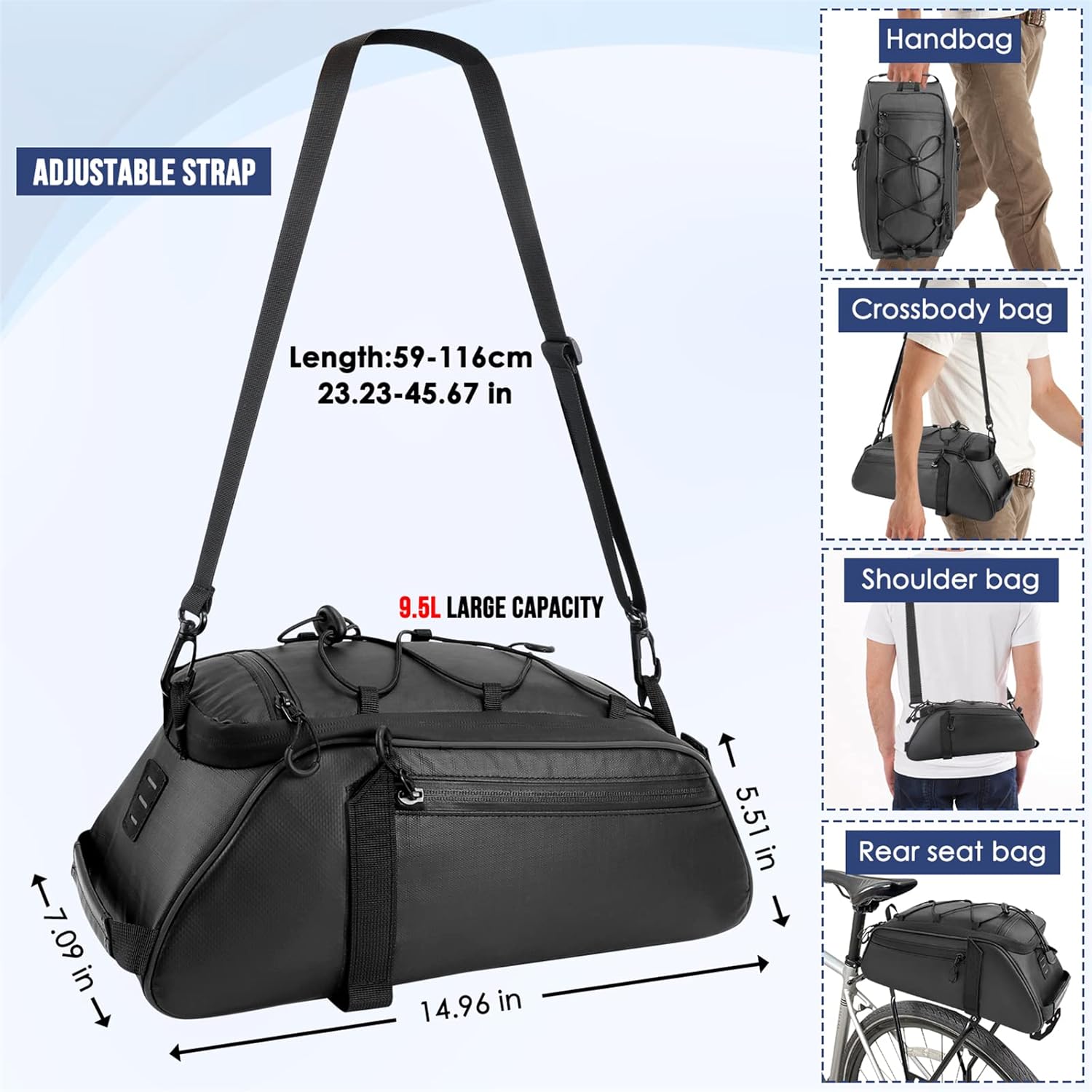 WOTOW Bike Rack Bag Waterproof - 9.5L Large Capacity Bike Trunk Bag, Reflective Bicycle Saddle Panniers, Cycling Bags Back Seat Storage Cargo Carrier Pouch with Shoulder Strap & Hook - Image 5