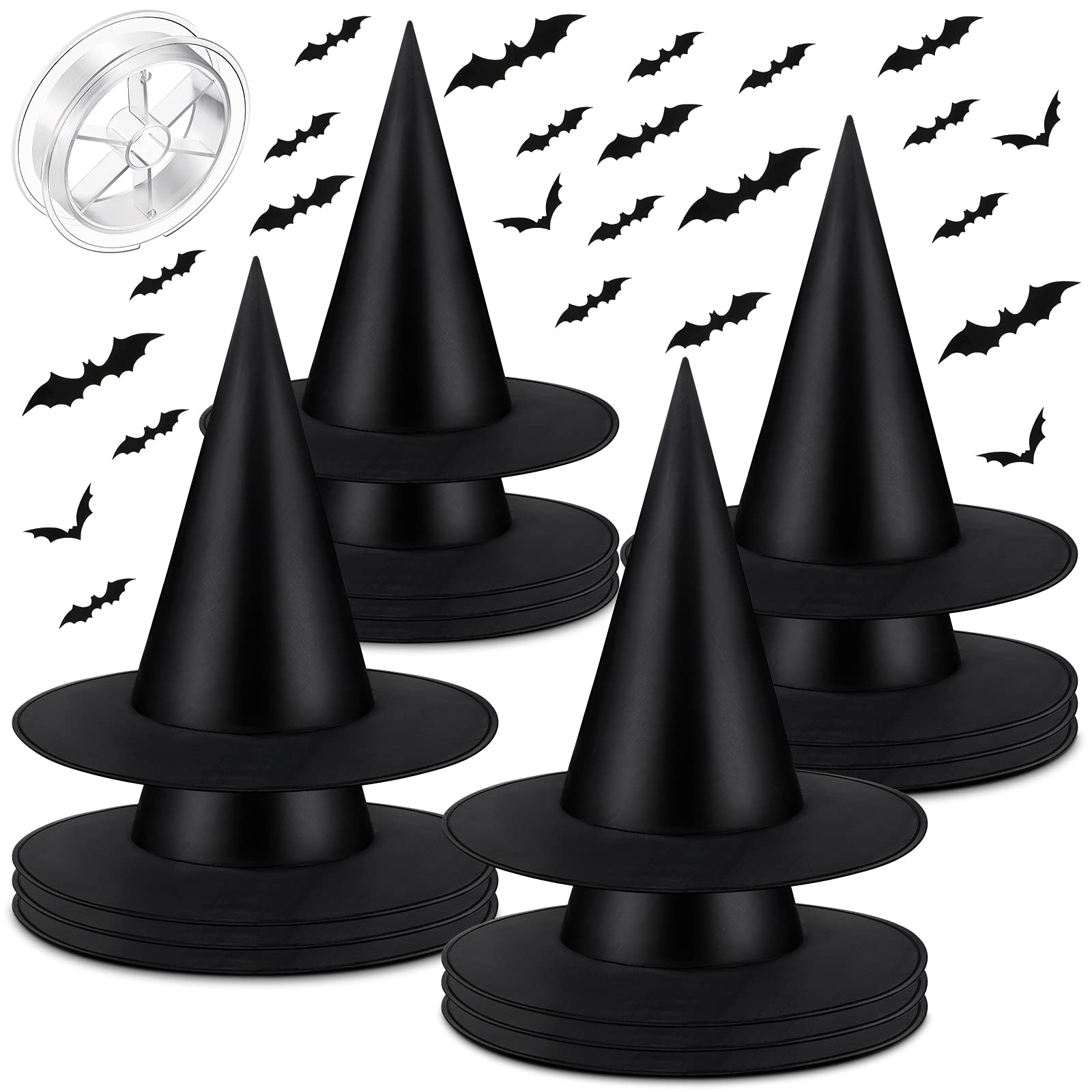Sumind 16 Pieces Black Witch Hats Costume Accessories with 24 Pieces 3D Decoration Bats DIY Sticker and 109 Yards Hanging Rope for Halloween Party Cosplay Christmas Holiday Carnivals()