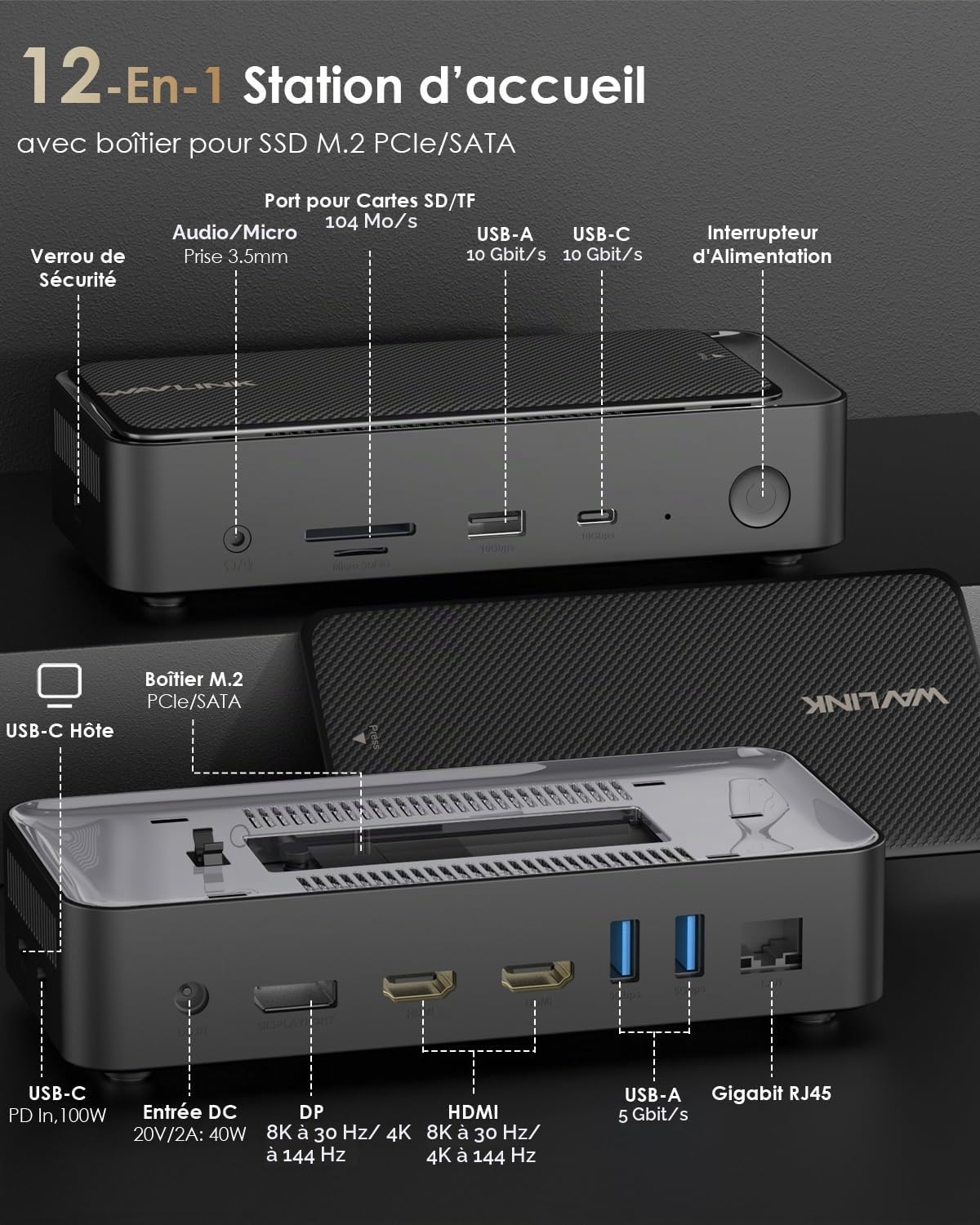 WAVLINK Station d'accueil pour Ordinateur Portable pour Trois écrans (8K @ 30Hz/4K @ 144Hz), Station d'accueil USB-C avec boîtier SSD M.2 PCIe/SATA, Prend en Charge 100 W Power Delivery, USB C/A, SD