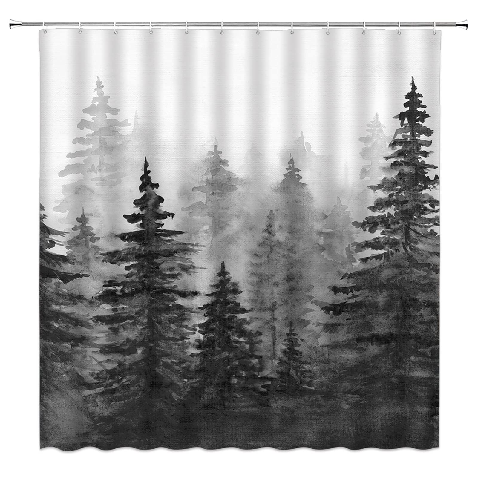 ZNLSU Misty Forest Shower Curtain Pine Tree Watercolor Abstract Foggy Jungle Mountain Gray Plant Rustic Mysterious Nature Scenery Landscape 67" WX70 H